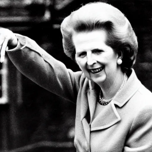 Image similar to margaret thatcher pointing and laughing at coal miners