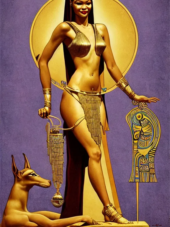 Image similar to zendaya as the Egyptian goddess Anubis the scales of life and death, a beautiful art nouveau portrait by Gil elvgren, Nile river environment , centered composition, defined features, golden ratio, gold jewelry