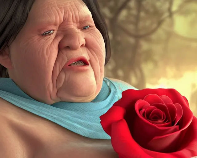 Image similar to of a very beautiful scene. ambient occlusion render. a sweet fat old woman is giving birth a beautiful colorful rose. hyper realistic. 4 k. wide angle. wild. symmetrical face, red mouth, blue eyes. deep focus, lovely scene. ambient occlusion render. concept art. unreal engine.