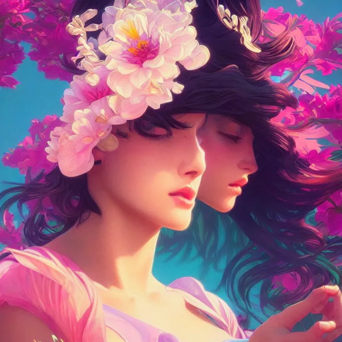 Prompt: young beautiful woman, gorgeous face, vaporwave aesthetic, synthwave, colorful, psychedelic, artstation, flowers, bees, concept art, smooth, extremely sharp detail, finely tuned detail, 8 k, unreal engine 5, ultra sharp focus, illustration, art by artgerm and greg rutkowski and alphonse mucha