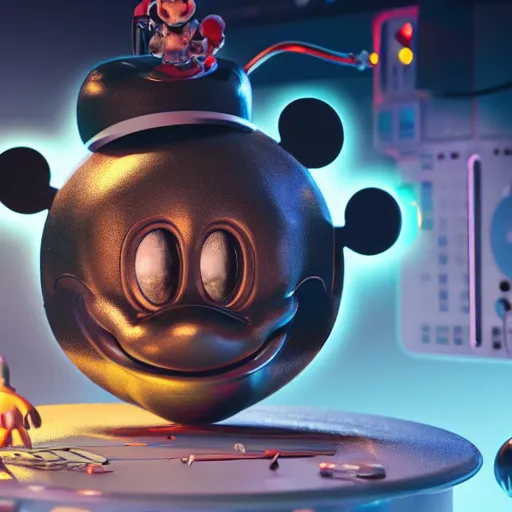 Prompt: a cybertronic mickey mouse being dissected by a group of scientists, octane render, beeple, cgstation, 3 d render, very detailed, mindblowing