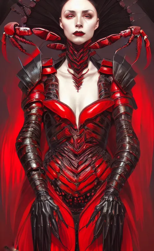 Image similar to Gothic crustacean warrior queen in red and black chitin armor, fantasy, highly detailed, digital painting, artstation, concept art, smooth, sharp focus, illustration, art by artgerm and greg rutkowski and alphonse mucha