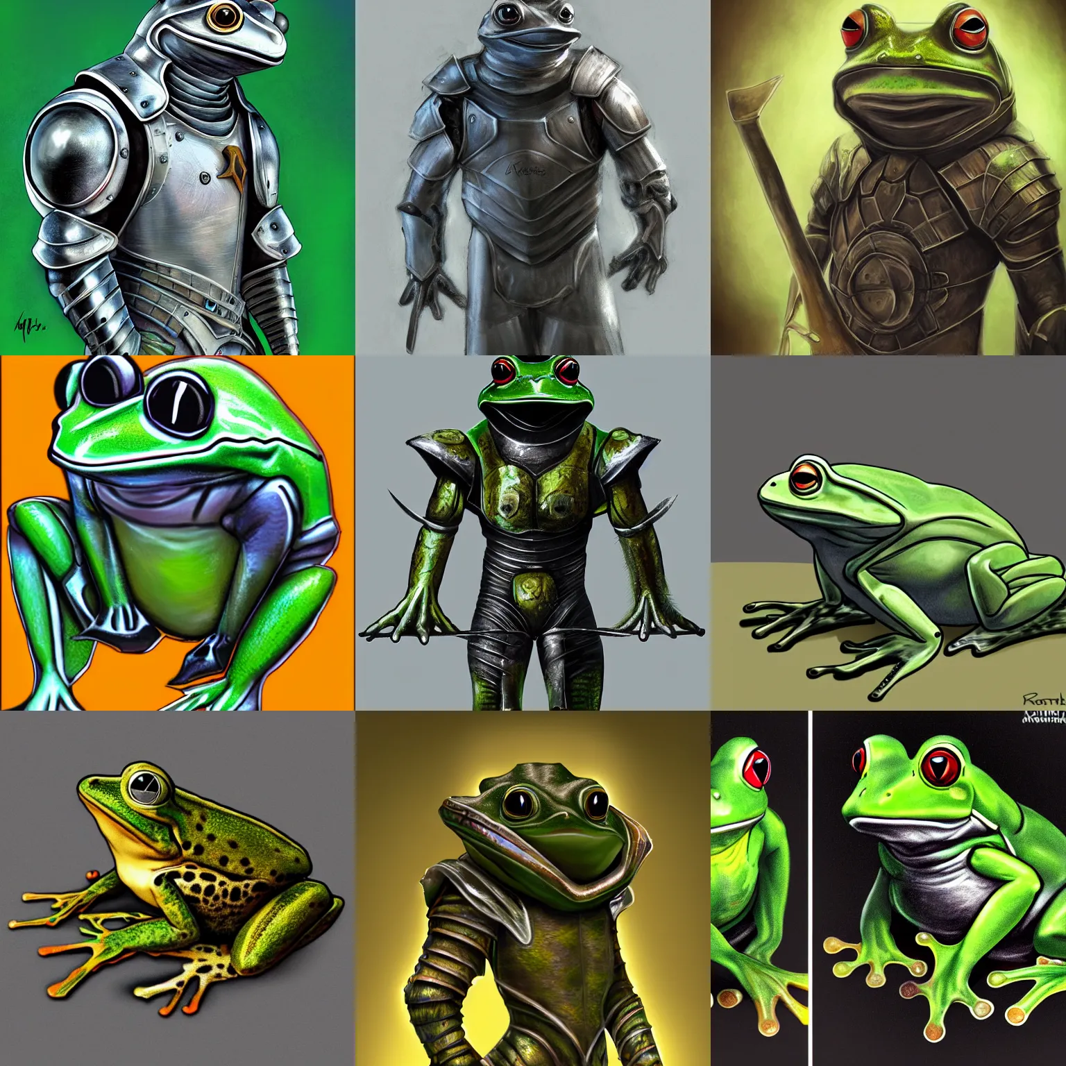 Prompt: photorealistic frog in knight armor, futuristic, ( in a realistic style )