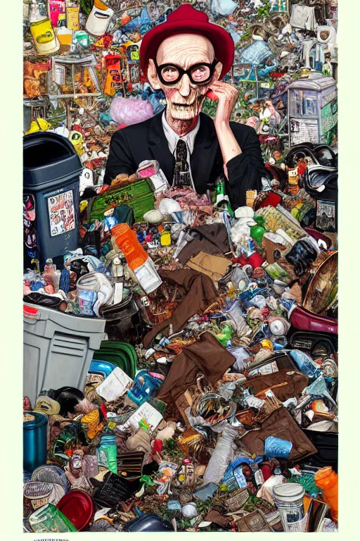 Image similar to full view, from a distance, of anthropomorphic trashcan william s burroughs, full of trash, style of yoshii chie and hikari shimoda and martine johanna, highly detailed