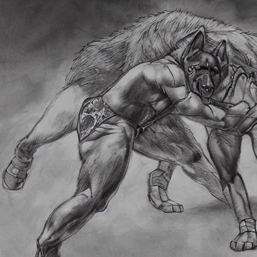 Image similar to a humanoid german shepherd beast - man wrestling with another german shepherd in the middle of an arena, pencil art, added detail, high definiton, colored, aerial viewyoji shinkawa