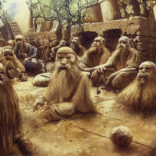 Image similar to sumerian underground city ancient dwarves, drawn by viktor vasnetsov, cities of mesopotamia, oil painting, harsh fairy tale, soft style, hyperrealism, beautiful, high resolution, trending on artstation, 8 k, 4 k,