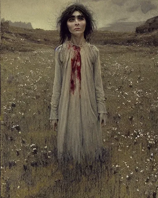 Prompt: a beautiful but sinister girl who looks like a young shirley henderson in dead space, with haunted eyes and crazy hair, eerie moorlands behind her, horrifying, 1 9 7 0 s, seventies, delicate embellishments, a little blood, crimson, painterly, offset printing technique, by jules bastien - lepage