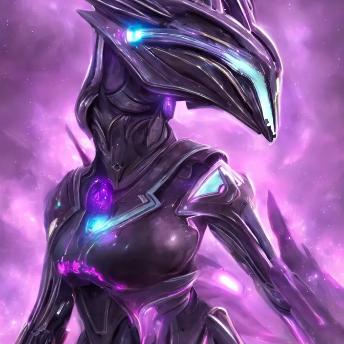 Image similar to cinematic close shot, cosmic sized proportional stunning beautiful hot female warframe, detailed sleek robot mecha female dragon head, metal ears glowing purple eyes, sleek silver armor, fuschia skin, floating in empty space, nebula sized, epic proportions, epic size, epic scale, furry art, dragon art, giantess art, warframe fanart, furaffinity, deviantart