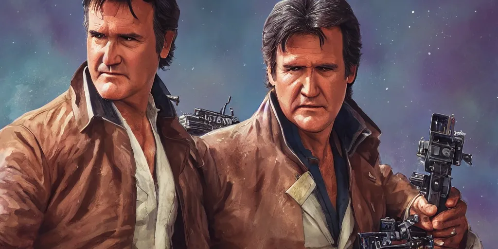 Prompt: bruce campbell as han solo portrait, colorful, contrast, kim jung gi, greg rutkowski, zabrocki, karlkka, jayison devadas, trending on artstation, 8 k, ultra wide angle, zenith view, pincushion lens effect