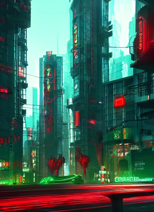 Image similar to red dragon and green dragon in cyberpunk city, ultra detailed, trending on artstation, concept art, octane render, unreal engine,