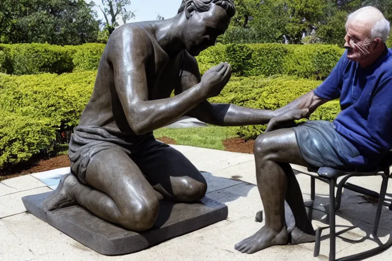 Image similar to a man who is sitting upright in a chair is touching a completed statue