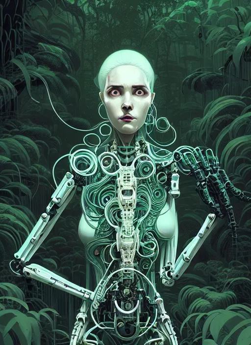 Image similar to highly detailed portrait of a biomechanical long curly white hair tribal lady, stray wiring by atey ghailan, james gilleard, by joe fenton, by greg rutkowski, by greg tocchini, by kaethe butcher, 4 k resolution, gradient green, black and white color scheme!!! ( ( forested robotic dense jungle background ) )