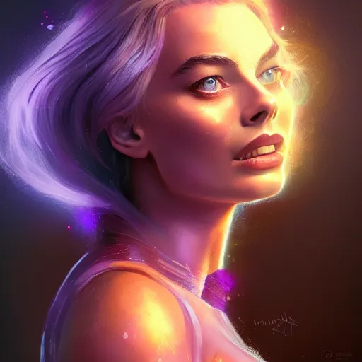 Prompt: a photo of Margot Robbie using her superpower of purple fire, ethereal fantasy, intricate, young and cute girl, beautiful, highly detailed, digital painting, artstation, dark fantasy art concept art, smooth, sharp focus, illustration