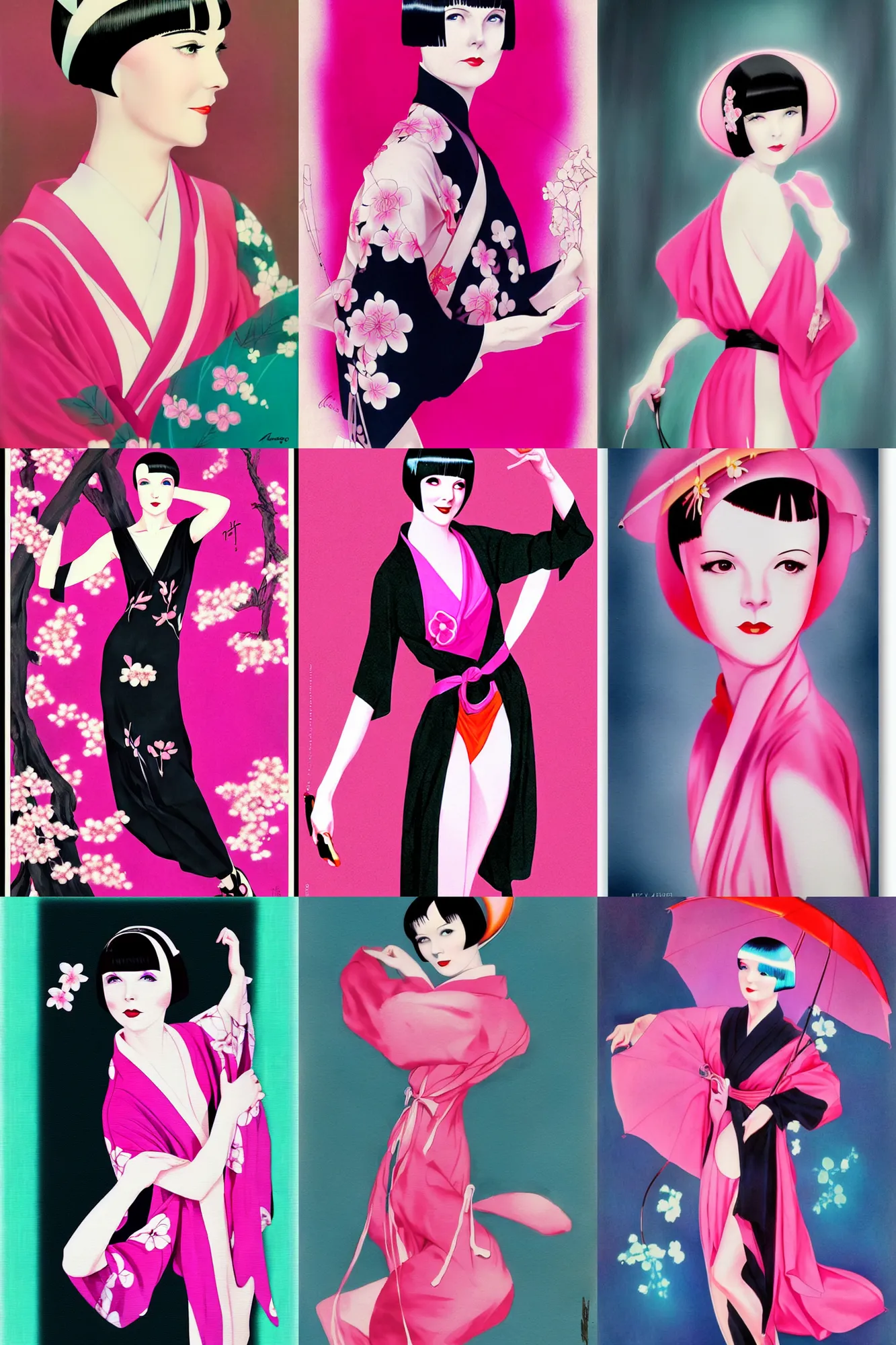 Prompt: 2 8 year old mary louise brooks, wearing kimono, atomic age, by artgerm, cherry blossom falling, neon pink