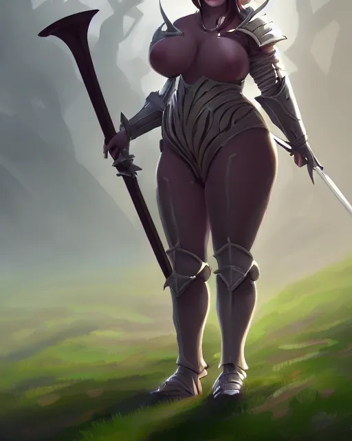 Prompt: concept art of a thicc girl knight in a epic pose, wearing heavy medival knight armor, holding a long sword, walking through a foggy oak forest | | epic - fine - clean, polished, trending on artstation, brush strokes