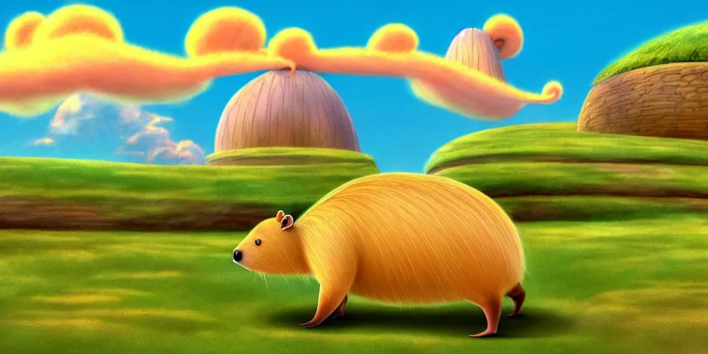 Image similar to cartoon concept art, capybara character, spiral clouds, from lorax movie