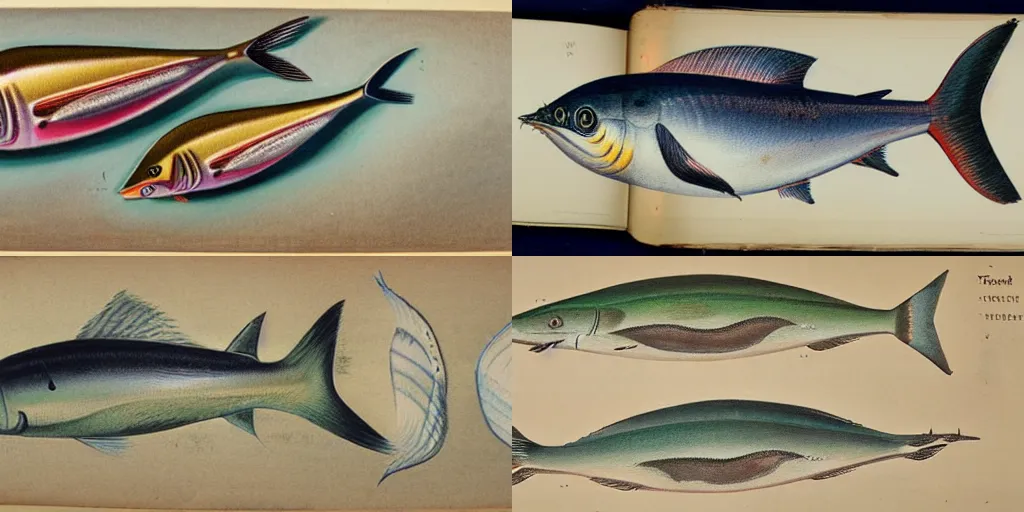 Prompt: A highly detailed color drawing of Thunnus albacares in an old zoology textbook, fine strokes, Biodiversity Heritage library