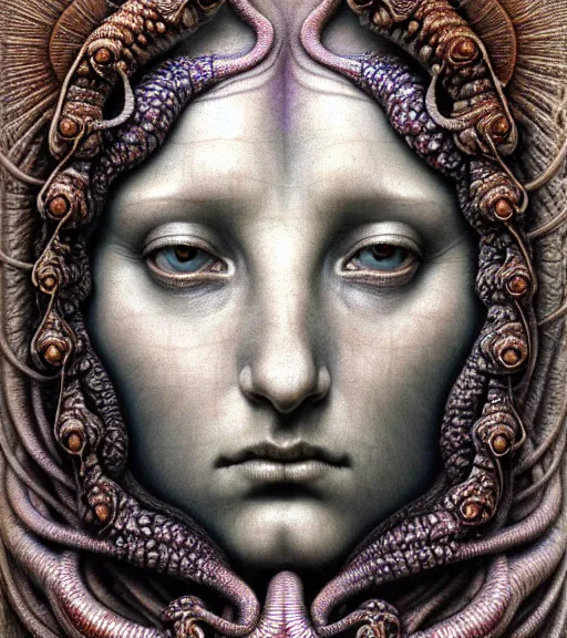 Image similar to detailed realistic beautiful chameleon goddess face portrait by jean delville, gustave dore, iris van herpen and marco mazzoni, art forms of nature by ernst haeckel, art nouveau, symbolist, visionary, gothic, neo - gothic, pre - raphaelite, fractal lace, intricate alien botanicals, biodiversity, surreality, hyperdetailed ultrasharp octane render