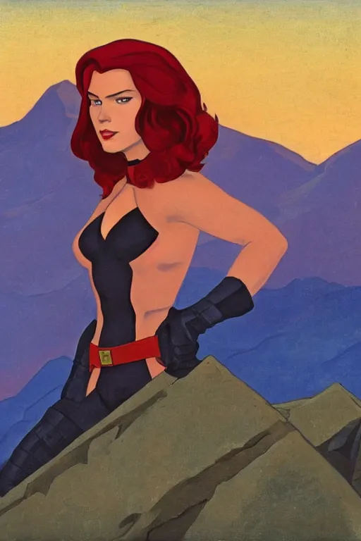 Image similar to black widow ( natasha romanova ) on mountains, marvel, artwork by nicholas roerich,