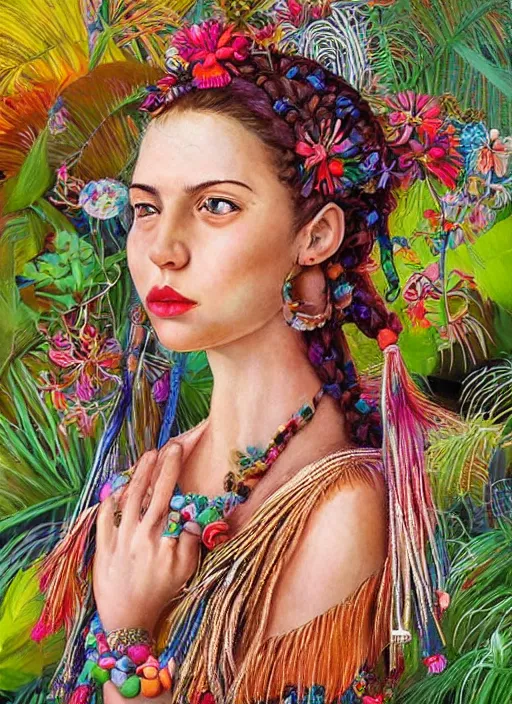 Image similar to beautiful portrait of a mediterranean female wearing fantastic Hand-dyed cotton dress, embellished beaded feather decorative fringe knots ,colorful pigtail,subtropical flowers and plants,symmetrical face,intricate,elegant, highly detailed, 8k,post-processing,digital painting, trending on pinterest, arper's bazaar,concept art, sharp focus, illustration, by artgerm,Tom Bagshaw,Lawrence Alma-Tadema,greg rutkowski,alphonse Mucha