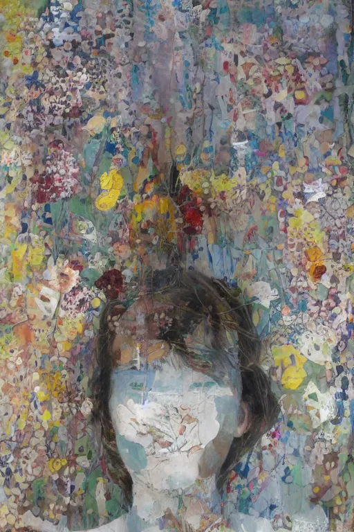 Image similar to hyperrealism with oil painting, 2 0 y. o girl in in the style dustin yellin, of yoshitaka amano, style wrapped in flowers and wired in the style of yayoi kusama, by barry lyndon ultra detailed high resolution, 8 0 s print sci fi art