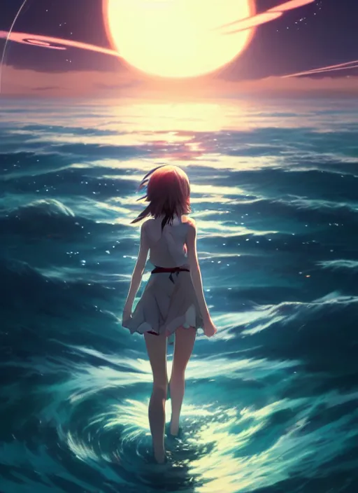 Image similar to anatomically correct anime girl walking on water, ripples, backdrop of dawn, saturn in the background, illustration, concept art, anime, key visual, trending pixiv fanbox by wlop and greg rutkowski and makoto shinkai and studio ghibli