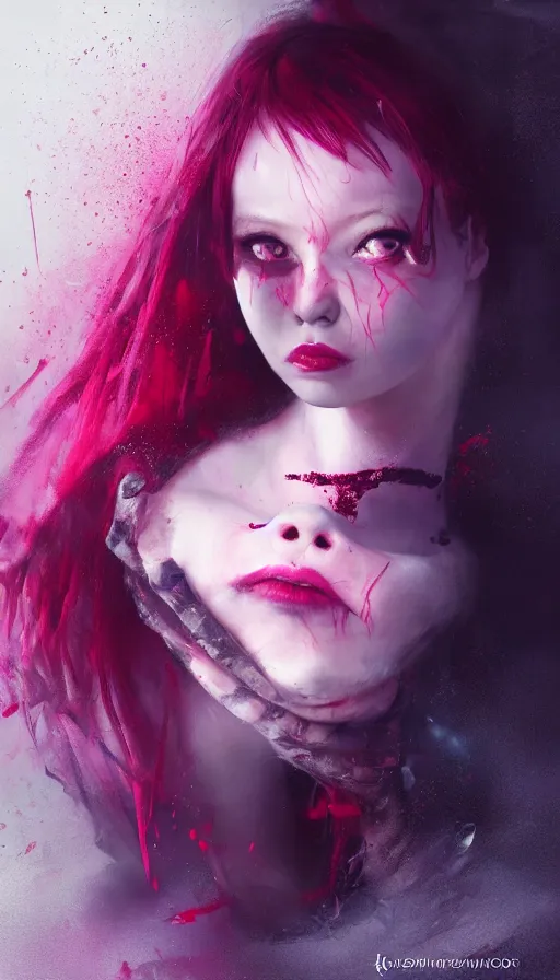 Prompt: shot of sinister girl with pouty aerochrome ( ( ( lips ) ) ), fungal, adorable, expressive eyes, kawaii playful pose of a dancer, greg rutkowski, charlie bowater, yuumei, stephen gammell, unreal 5, daz, hyperrealistic, dark, dynamic lighting, fantasy art, beautiful face