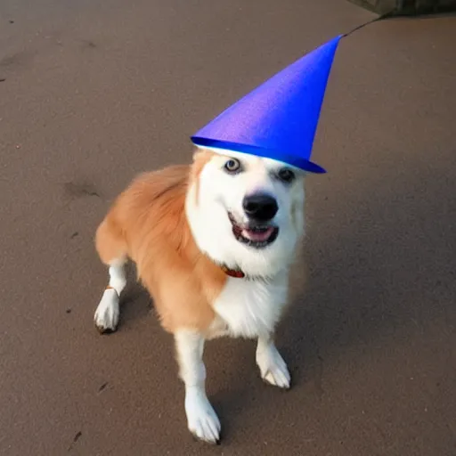 Prompt: dog wearing a party hat