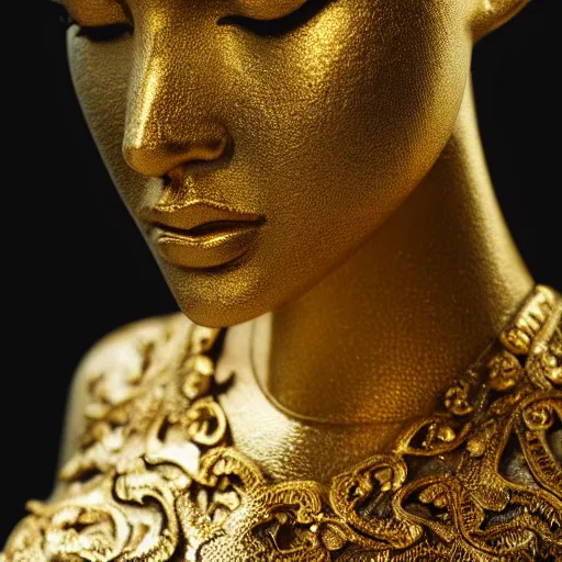 Image similar to epic deatailed golden statue of a beautiful female, surrounded by intricate gold lace metalwork on a black smokey background, close up face, modern art, trending on Artstation