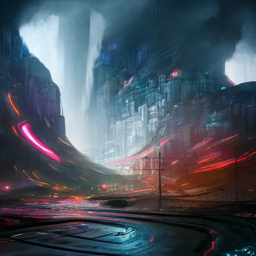 Image similar to foreground a large otherworldly temporal distortion, rocky mountain environment, background sprawling futuristic cityscape with glowing lights :: arch viz , Matte painting, octane render, 8k, corona render, movie concept art, liquid, mist, caustics, epic mood, cinematic, hyper detailed, insanely detailed and intricate, hyper maximalist, cinematic, octane render, redshift render, 8k