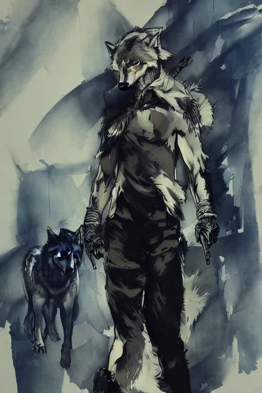 Prompt: yoji shinkawa painting of a stylish young arabian human half wolf