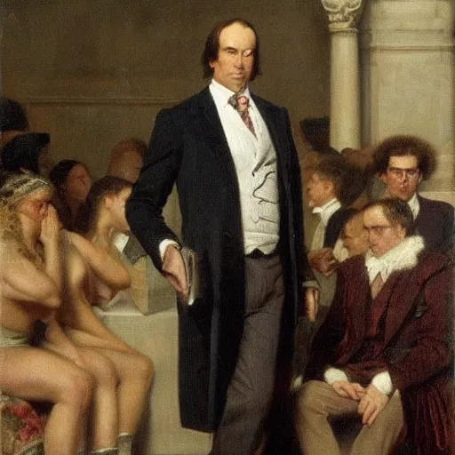 Image similar to saul goodman posing confidently before a crowd of cheering fans, award winning painting by edward poynter