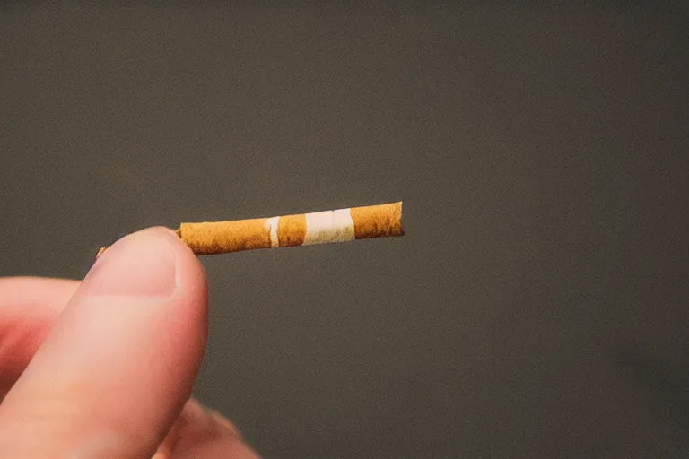 Image similar to Close-up of cigarette in five fingers, thin soft hand holding cigarette, hyper realistic, natural