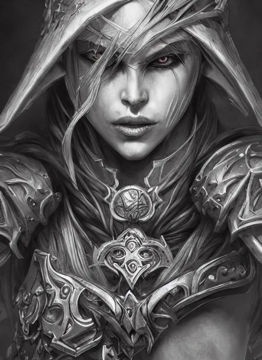 Prompt: close up portrait of sylvanas windrunner magic the gathering card, powerful, domineering, stoic, masterful, intense, ultrafine hyperdetailed illustration by kim jung gi, irakli nadar, intricate linework, sharp focus, octopath traveler, yoji shinkawa, highly rendered, detailed, concept art