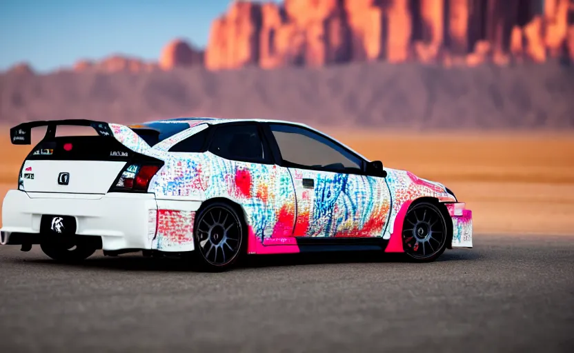 Image similar to photograph of an itasha Honda Civic EK9 Type-R, surrounded by desert with a futuristic city in the horizon, sigma 85mm f/1.4, 4k, depth of field, high resolution, 4k, 8k, hd, full color