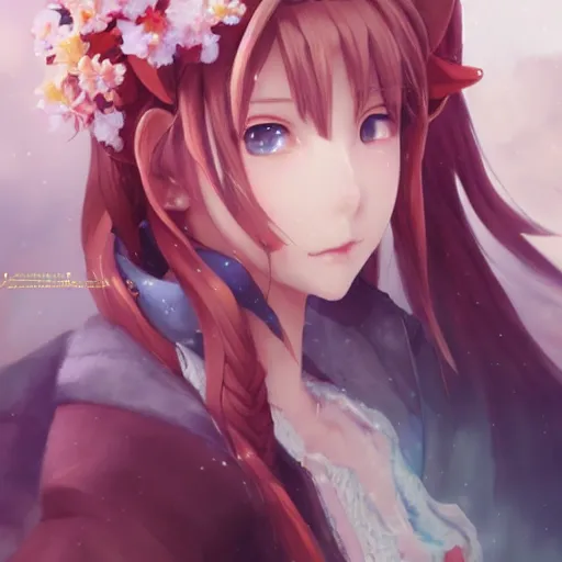 Image similar to beautiful anime art of aerith gainsborough by WLOP, rossdraws, Logan Cure, Mingchen Shen, BangkuART, sakimichan, yan gisuka, JeonSeok Lee, zeronis, Chengwei Pan on artstation