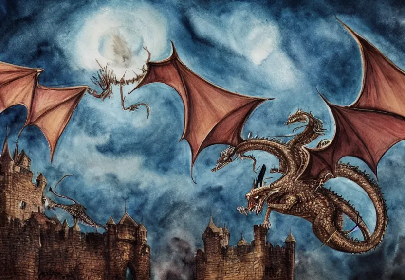 Image similar to possum riding a dragon, flying over a medieval haunted castle under a dark starred sky, dark fantasy, watercolor, dreaming illusion, highly detailed, 4k, trending on Artstation, award-winning