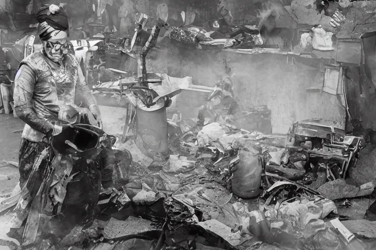 Image similar to umm kulthum in a morning gown frying an egg on a stove in her kitchen, photograph by Annie Leibovitz