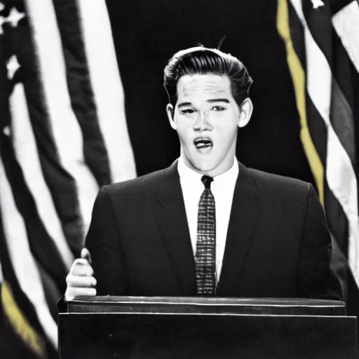 Prompt: a photograph of zack morris at a podium, speaking to a crowd in 1 9 6 3, news photograph, black and white, presidential speech, award - winning