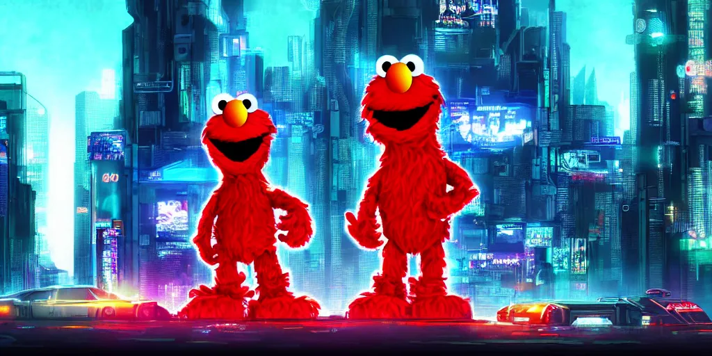 Image similar to elmo!! in cyberpunk night city wallpaper rendering, digital art