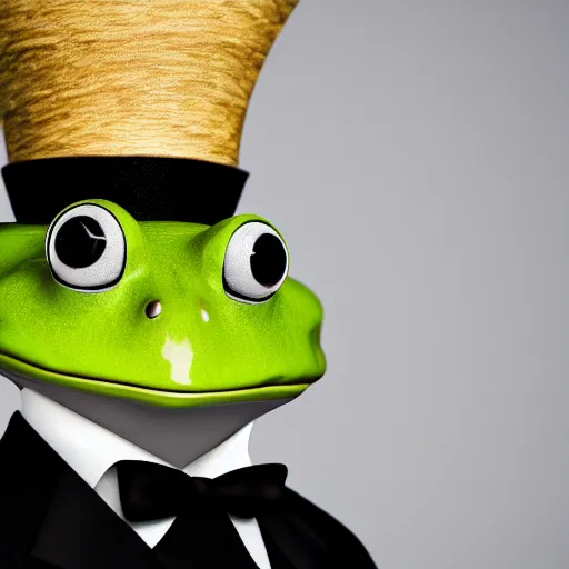 Image similar to a hyper realistic high definition photo of a frog wearing a top hat with a monocle, high definition, 4k, studio