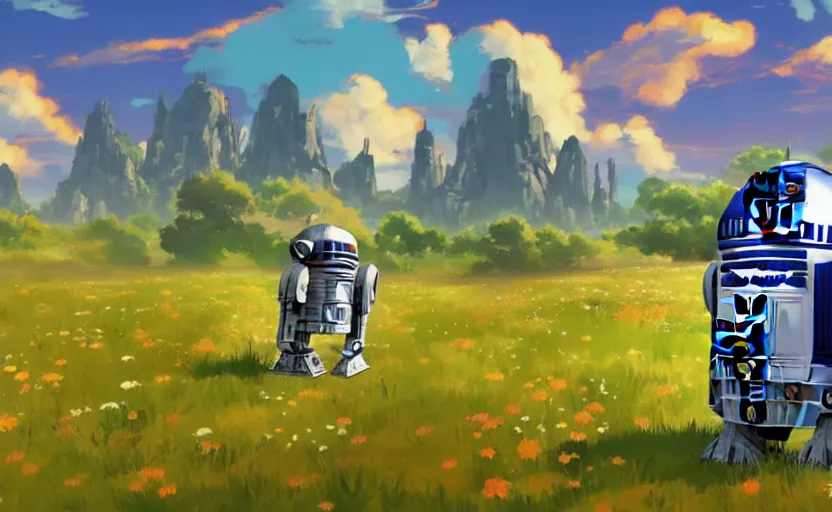 Prompt: R2D2 and Link are traveling together. Fantastic anime sunny meadow with flowers, lone old Oak in the middle plane and mountains on the background, by Hayao Miyazaki, Nausicaa, Ghibli, Breath of the wild, Anime wallpaper