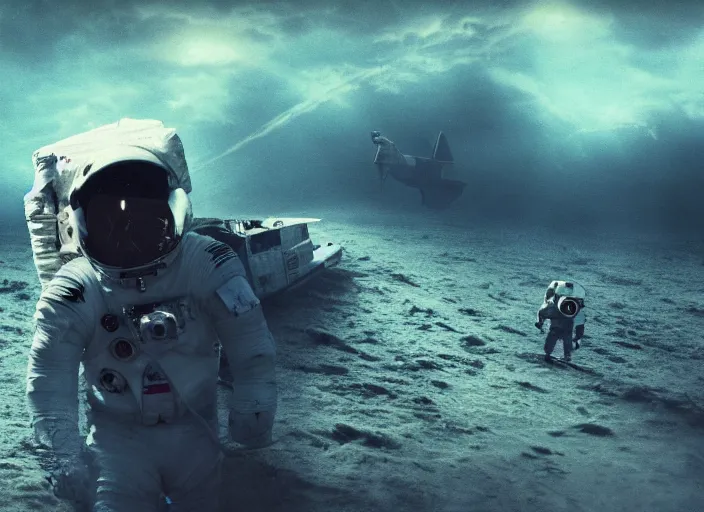 Image similar to astronaut holding a flag in an underwater desert. a submarine is visible in the distance. dark, concept art, cinematic, dramatic, atmospheric, 8 k, trending on artstation, blue, fish, low visibility, fog, ocean floor, christopher nolan, interstellar