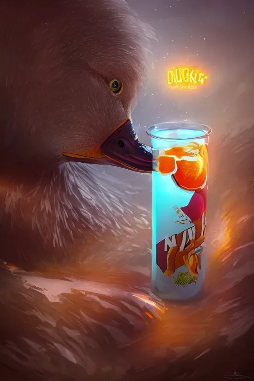 Image similar to duck drinks energy napiokmonstr energy, concept art, wlop, digital painting, trending on artstation, highly detailed, epic composition, official media, 8 k uhd