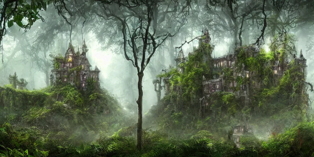 Image similar to a castle hidden in the jungle, overgrown with trees, misty, whimsical, fantasy art style, highly detailed, 4 k