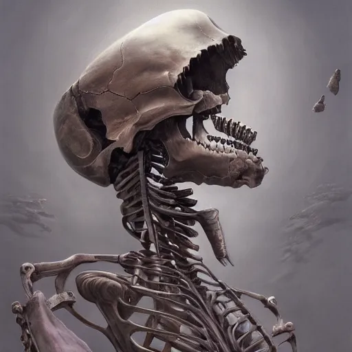 Image similar to A beautiful ultradetailed painting of a smoking broken whale robot skeleton by Zdzislaw Beksinski and tom bagshaw, long shot, wallpaper 4k, trending on artstation