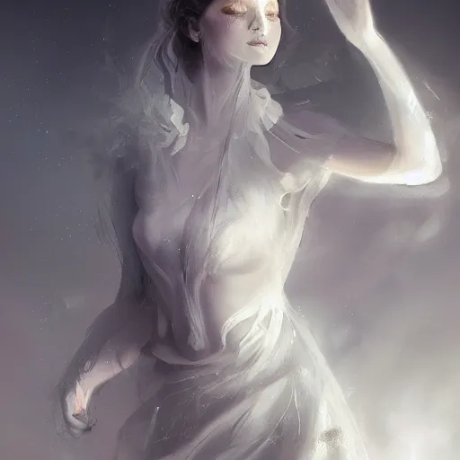 Image similar to a mystic goddess with white dress and marks on face trying to create human being in her hands, digital art, concept art, trending on artstation, 8 k detailed, dramatic lighting