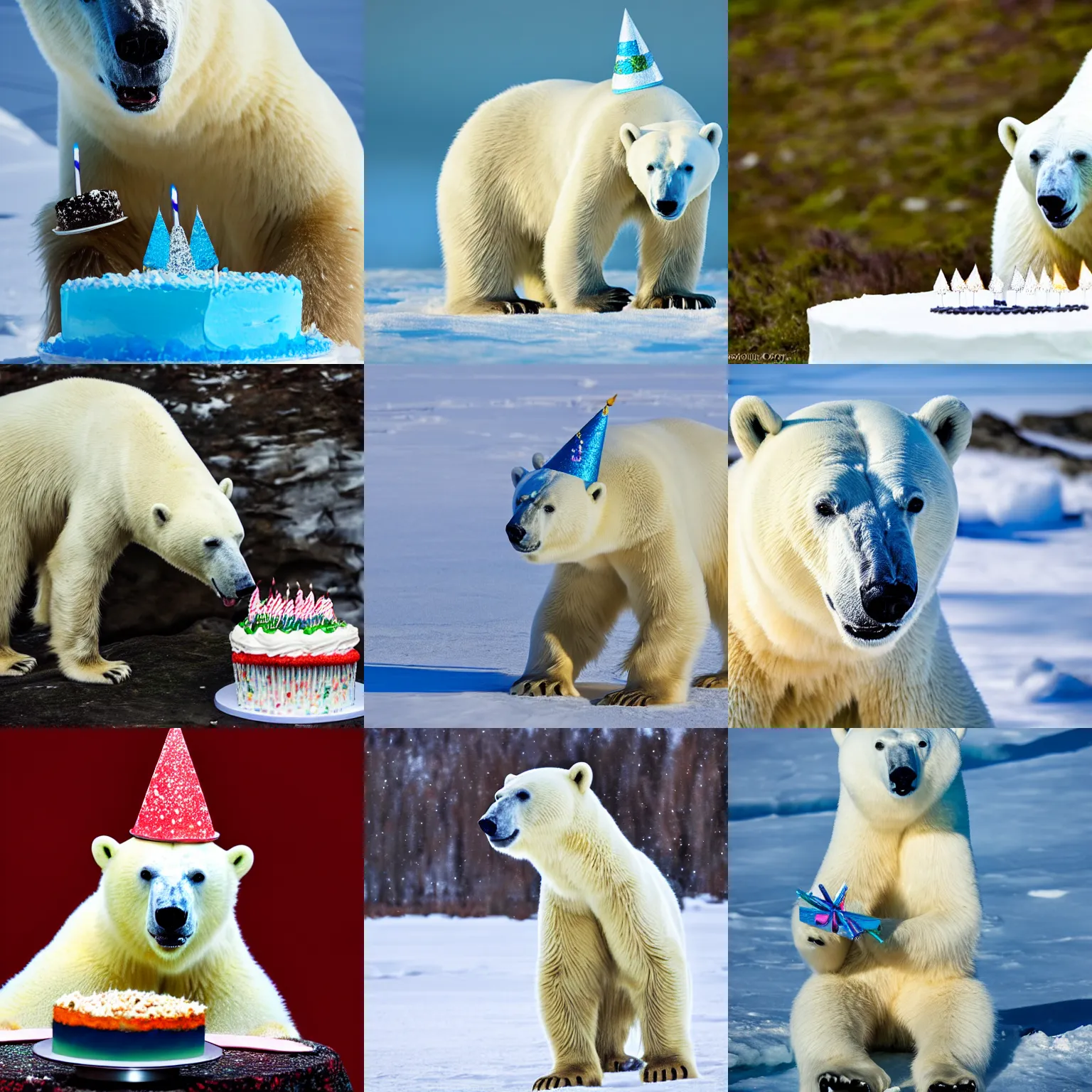 Prompt: Polar bear wearing party hat and eating birthday cake, ultra realistic, 8k nature photography, award winning, high definition