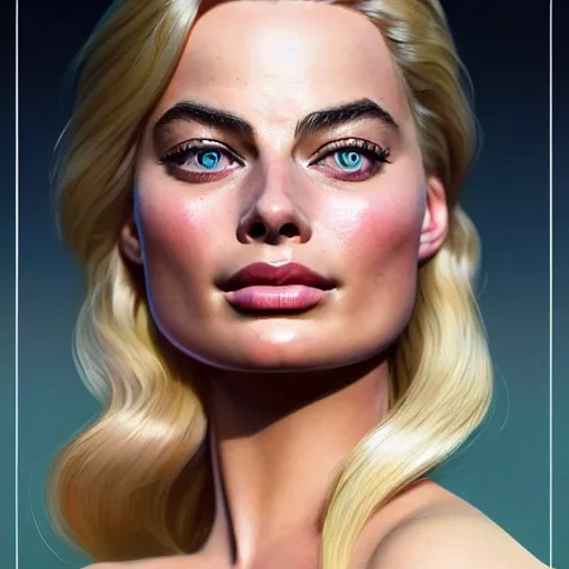 Image similar to a beautiful portrait of margot robbie as cute barbie ; crisp sharp focus ; ultra realistic, concept art, intricate details, stunning model, highly detailed, photorealistic, octane render, 8 k, unreal engine. art by artgerm and greg rutkowski and charlie bowater and magali villeneuve and alphonse mucha