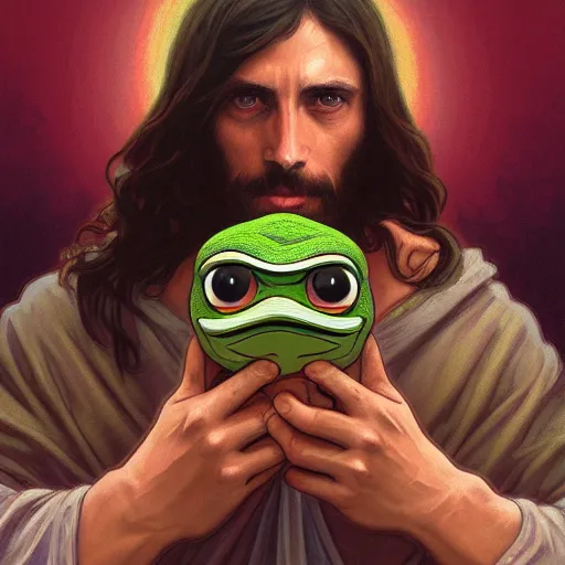 Image similar to jesus holds a pepe frog character, highly detailed, digital painting, artstation, concept art, wallpaper, smooth, sharp focus, illustration, art by and artgerm and greg rutkowski and alphonse mucha